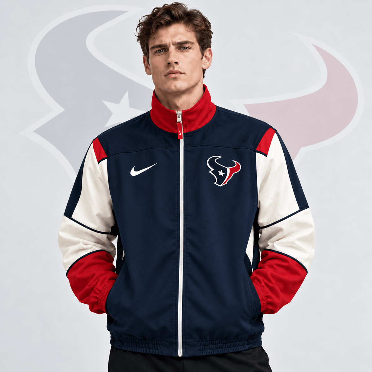 Premium NFL x HOU Team Crest Retro Color Block Full Zip Windbreaker Jacket