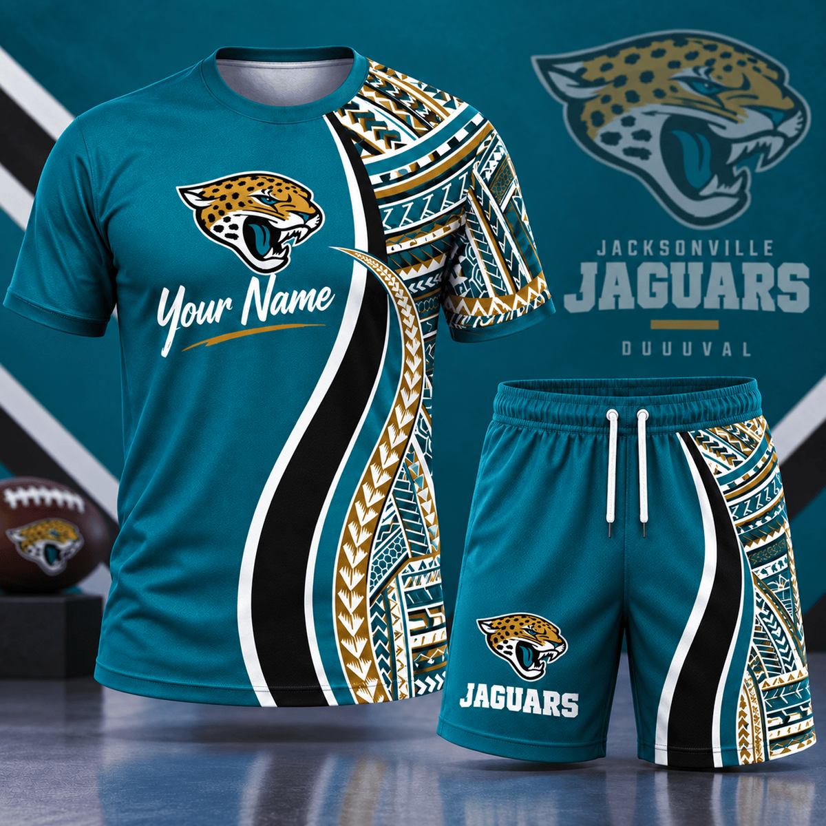 Premium NFL x JAX Custom Name Tribal Graphic T-Shirt and Shorts Set Football Fan Sports Outfit