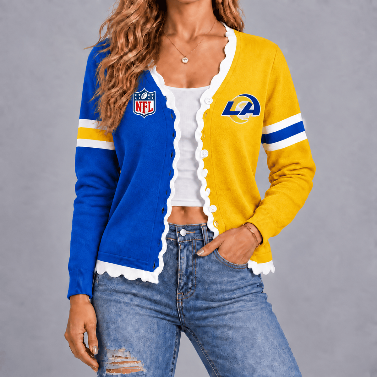 Premium NFL x LAR Varsity Stripe Button Cardigan