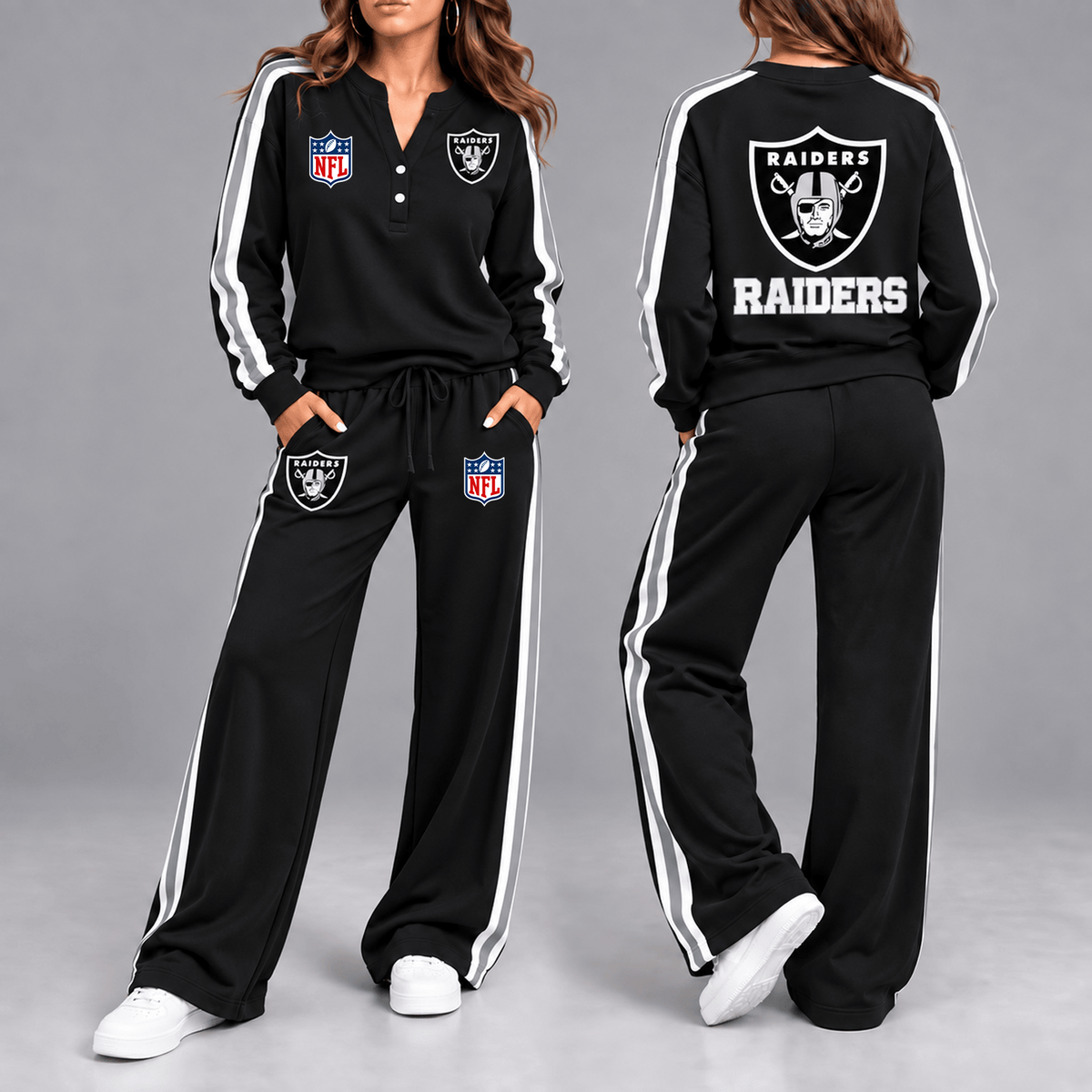 Premium NFL x LVR Game Day Sporty Stripe Long Sleeve Pullover Top & Wide-Leg Pants Set
