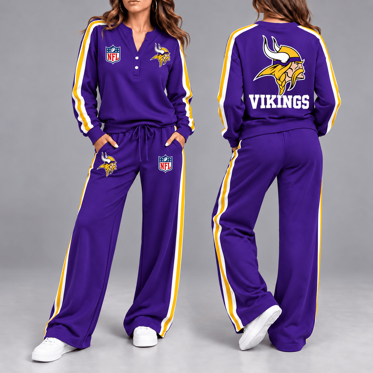 Premium NFL x MIN Game Day Sporty Stripe Long Sleeve Pullover Top & Wide-Leg Pants Set