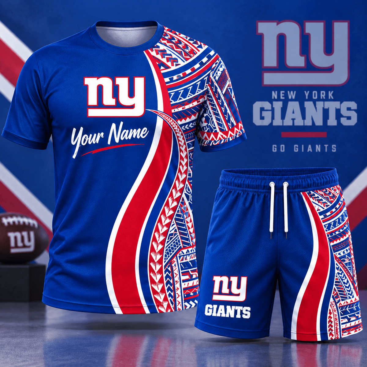Premium NFL x NYG Custom Name Tribal Graphic T-Shirt and Shorts Set Football Fan Sports Outfit