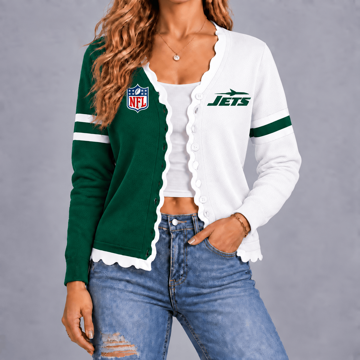 Premium NFL x NYJ Varsity Stripe Button Cardigan