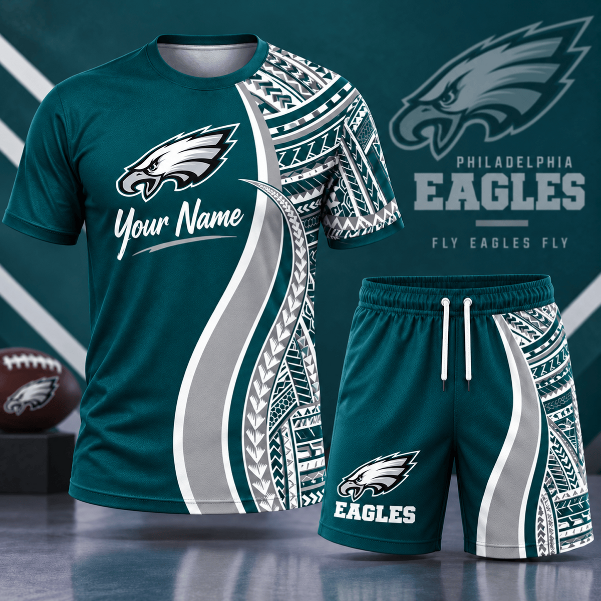 Premium NFL x PHI Custom Name Tribal Graphic T-Shirt and Shorts Set Football Fan Sports Outfit
