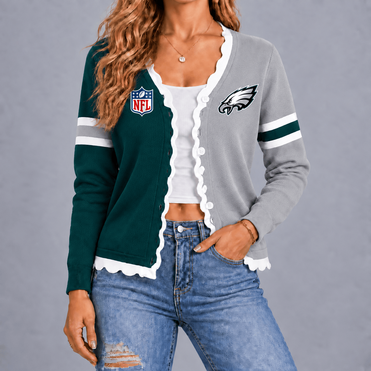Premium NFL x PHI Varsity Stripe Button Cardigan