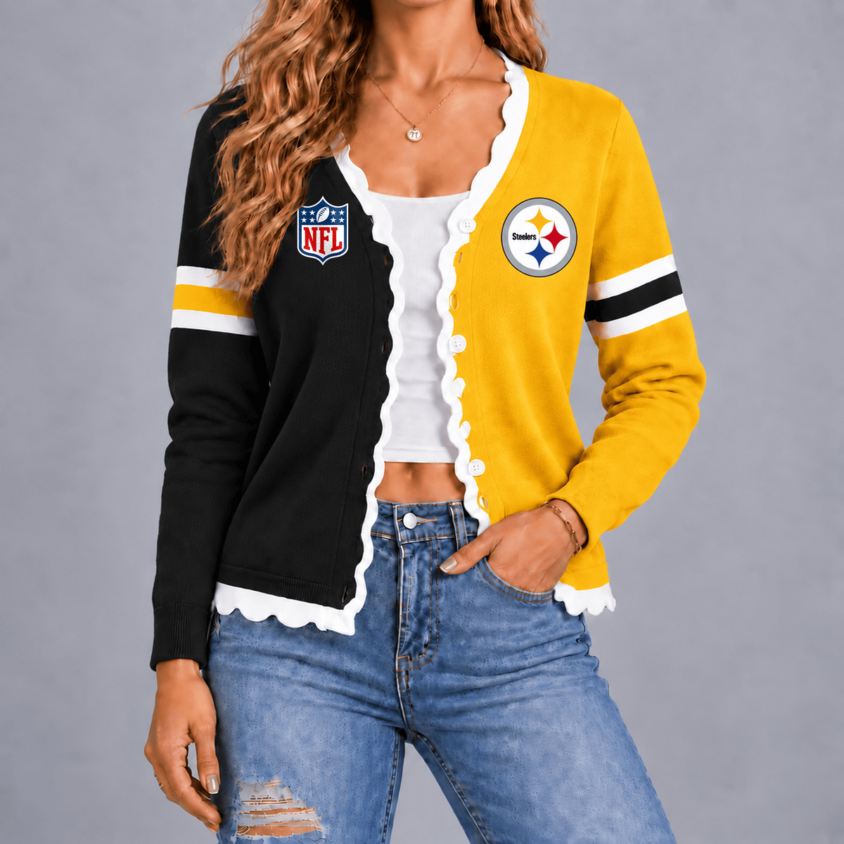 Premium NFL x PIT Varsity Stripe Button Cardigan