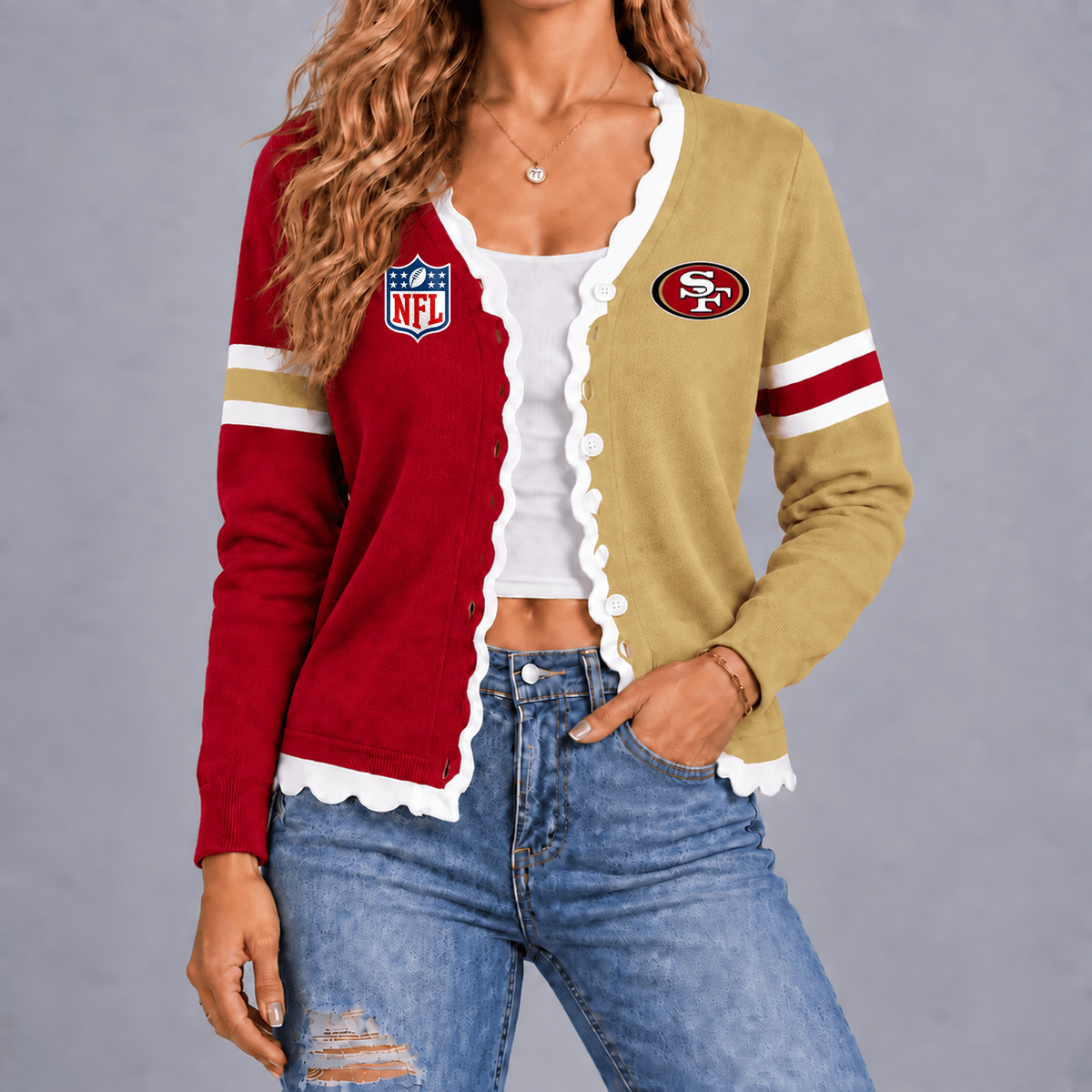 Premium NFL x SF Varsity Stripe Button Cardigan