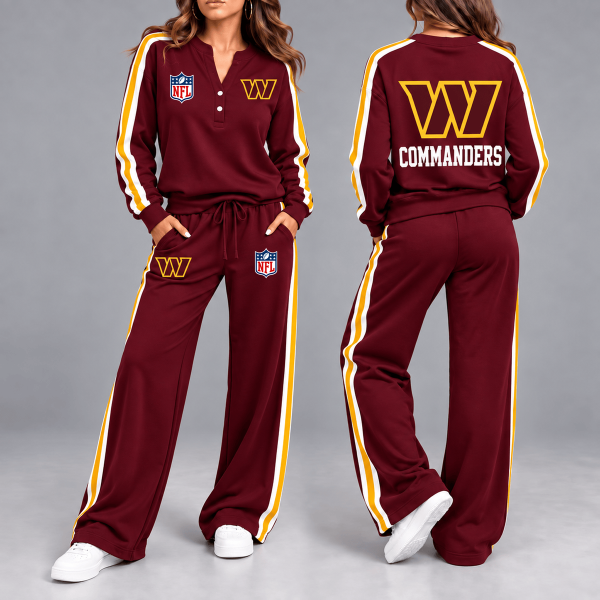 Premium NFL x WAS Game Day Sporty Stripe Long Sleeve Pullover Top & Wide-Leg Pants Set