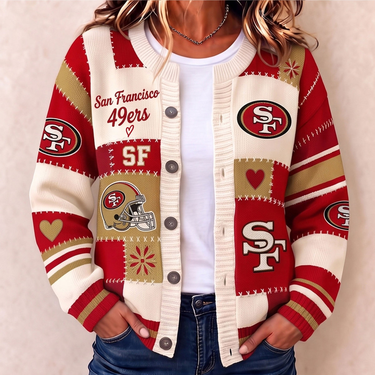 Premium SF x NFL Patchwork Knit Varsity Cardigan