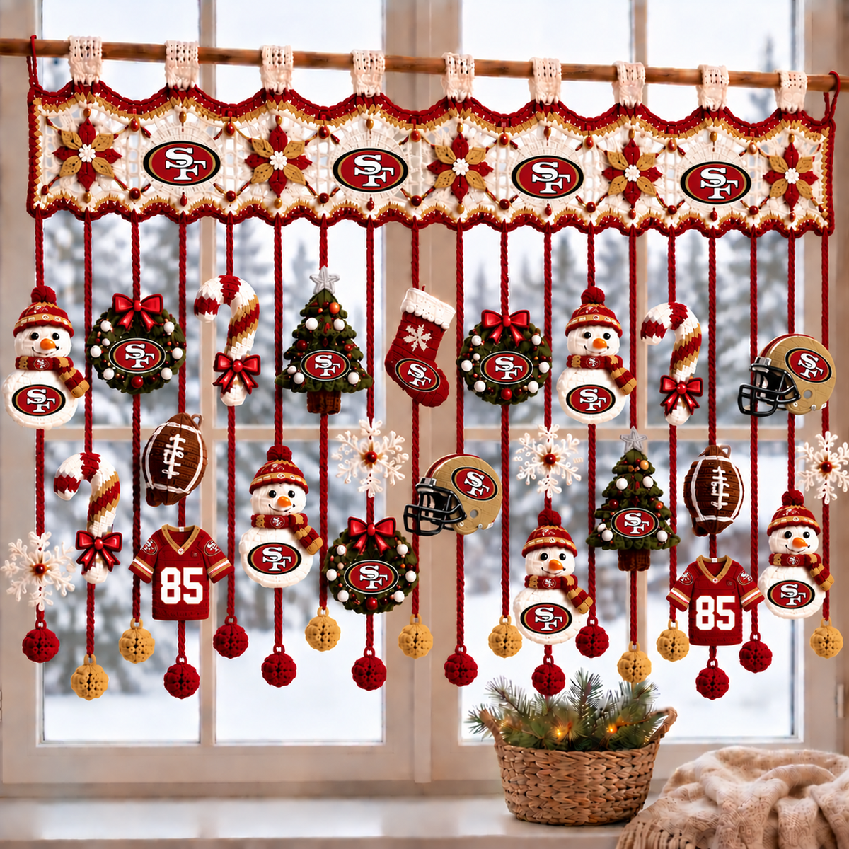 SF x NFL Christmas Crochet Window Valance – Football Snowman Wreath Holiday Decor