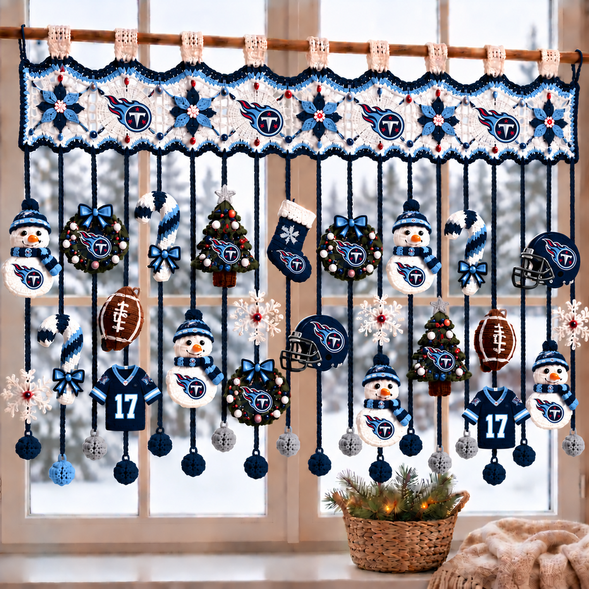 TEN x NFL Christmas Crochet Window Valance – Football Snowman Wreath Holiday Decor