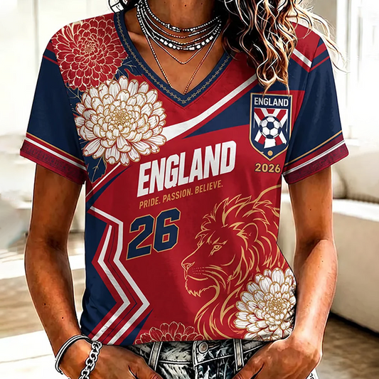 UK Football Lover England Printed Mid-length Sleeves V-Neck T-Shirt V4 0106 DatND DVT