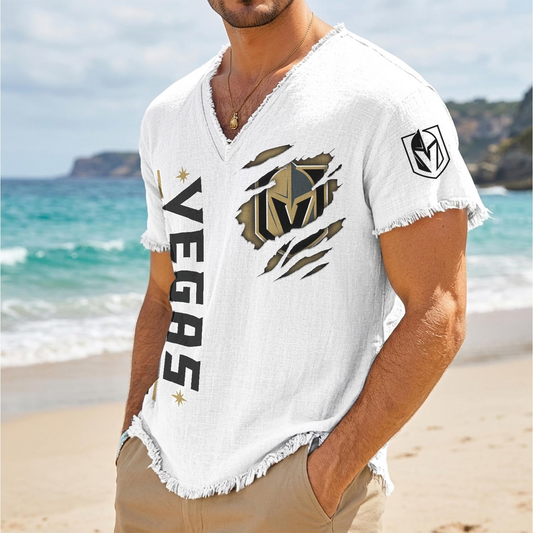 VGK x NHL V-Neck Linen Beach Shirt 1905 DatND DVT