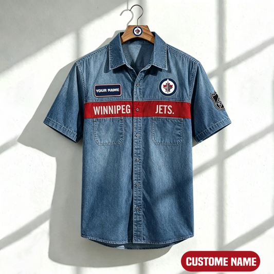 WJ x NHL Print Denim Short-Sleeve Work Shirt 180526 DatND LBN